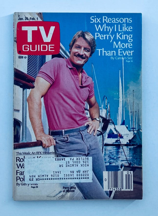 Cover of TV Guide Magazine January 26 1985 featuring Perry King. The magazine highlights 'Six Reasons Why I Like Perry King More Than Ever' along with a vibrant image of Perry King posing in a pink shirt. Perfect for collectors and fans of television history.
