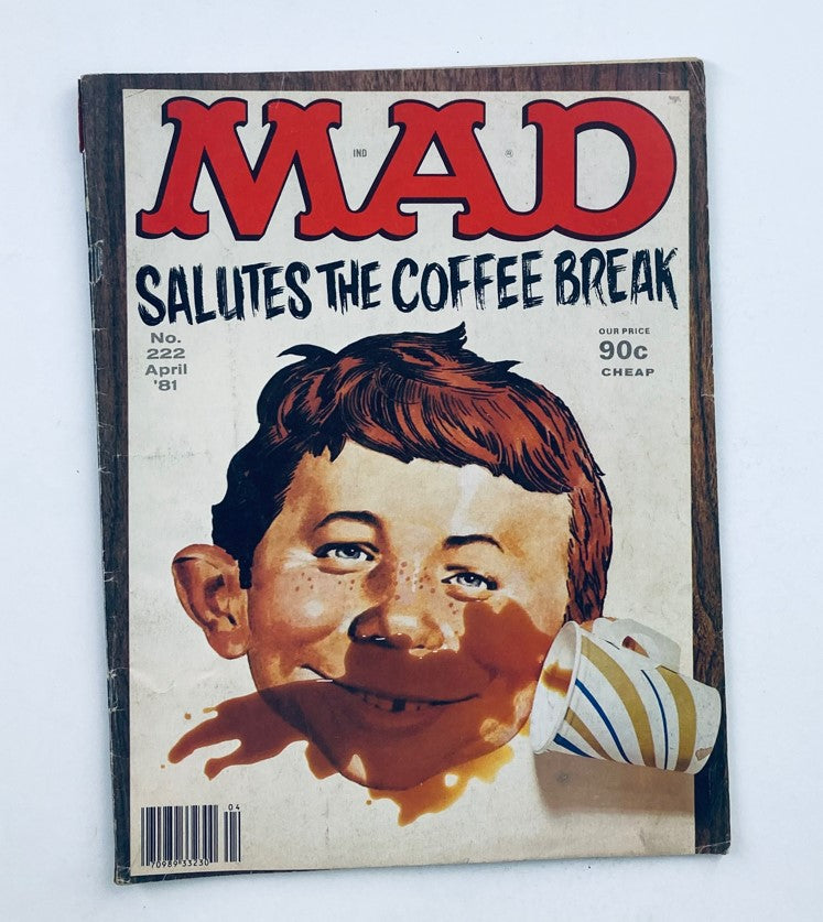 Mad Magazine April 1981 No. 222 The Coffee Break cover featuring a humorous illustration of a boy with a coffee cup, embodying the magazine's iconic satire and pop culture influence.