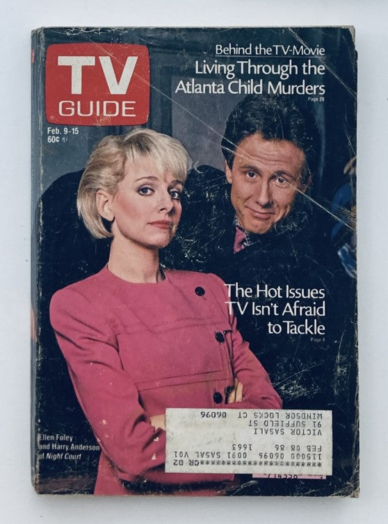 Cover of TV Guide Magazine February 9 1985 featuring Ellen Folley and Harry Anderson, showcasing significant television moments and programs from the 1980s.