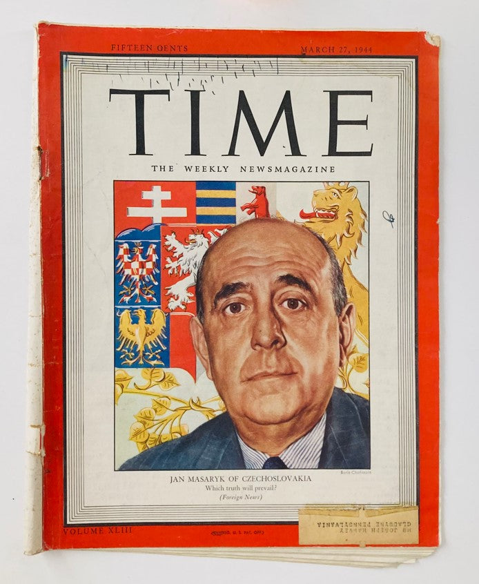 VTG Time Magazine March 27 1944 Diplomat Jan Masaryk of Czechoslovakia WWII