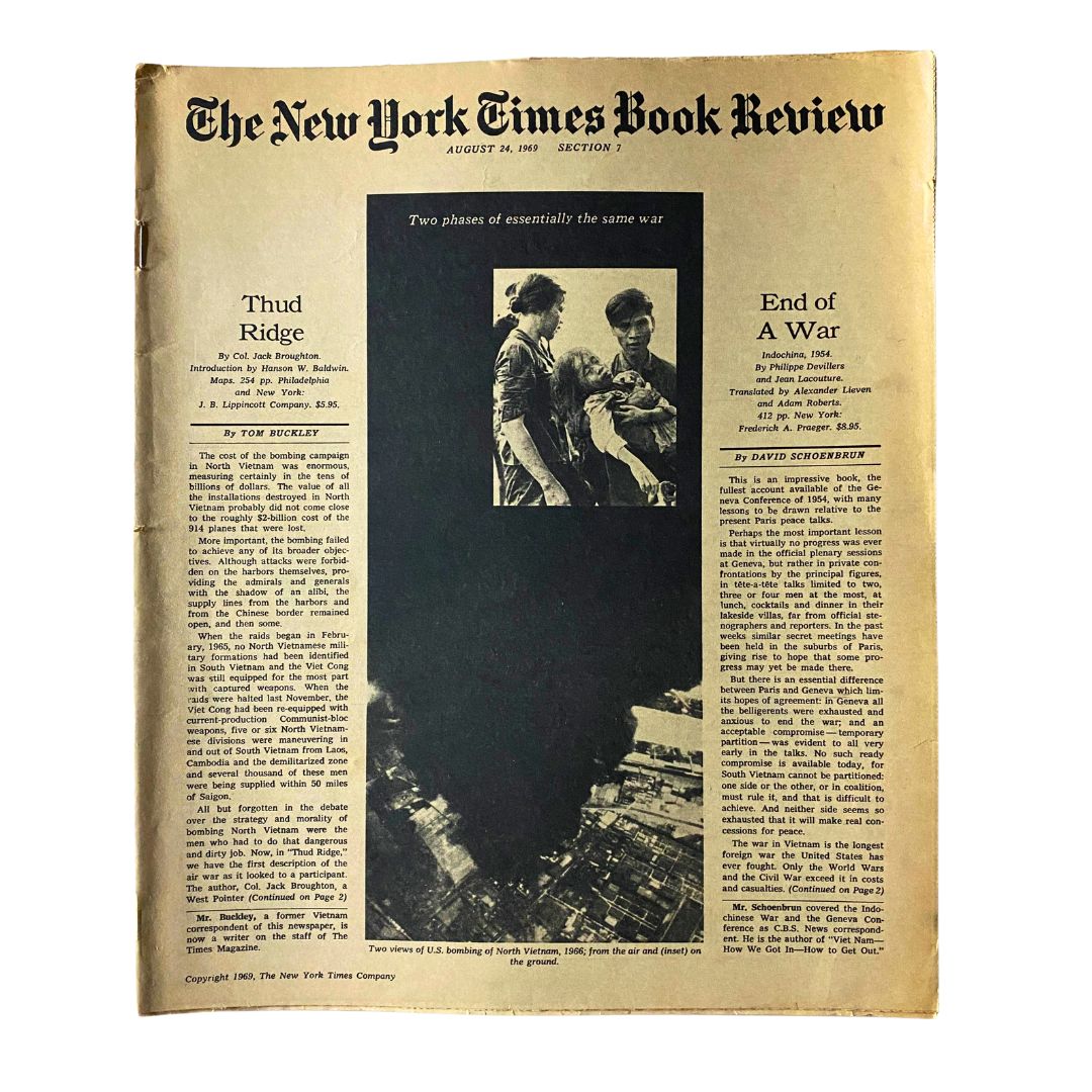 The New York Times Book Review August 24 1969 cover featuring reviews of 'Thud Ridge' and 'End of a War' with historical significance.
