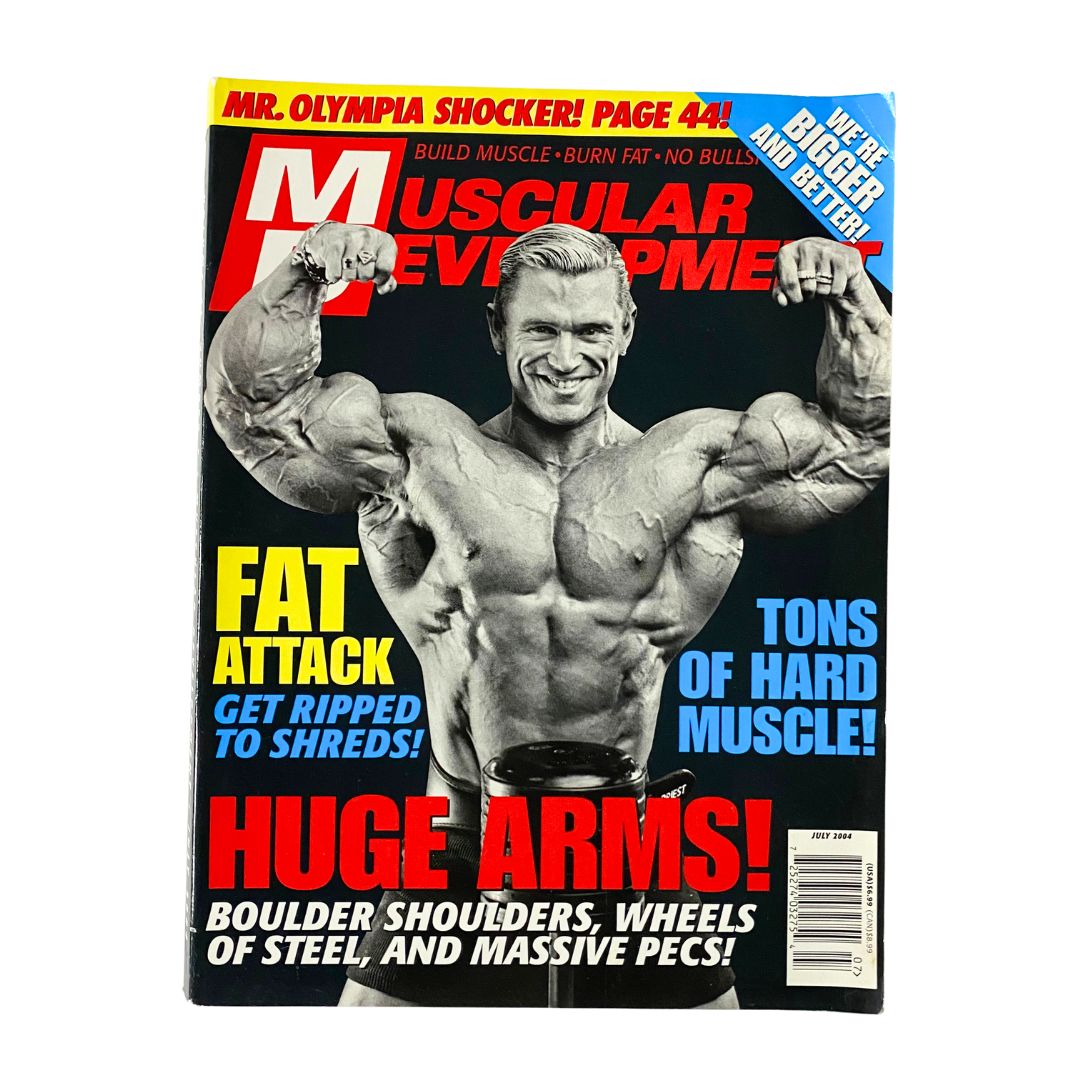Muscular Development Magazine July 2004 featuring bodybuilder Lee Priest on the cover, showcasing his muscular physique and promoting fitness, bodybuilding tips, and nutrition.
