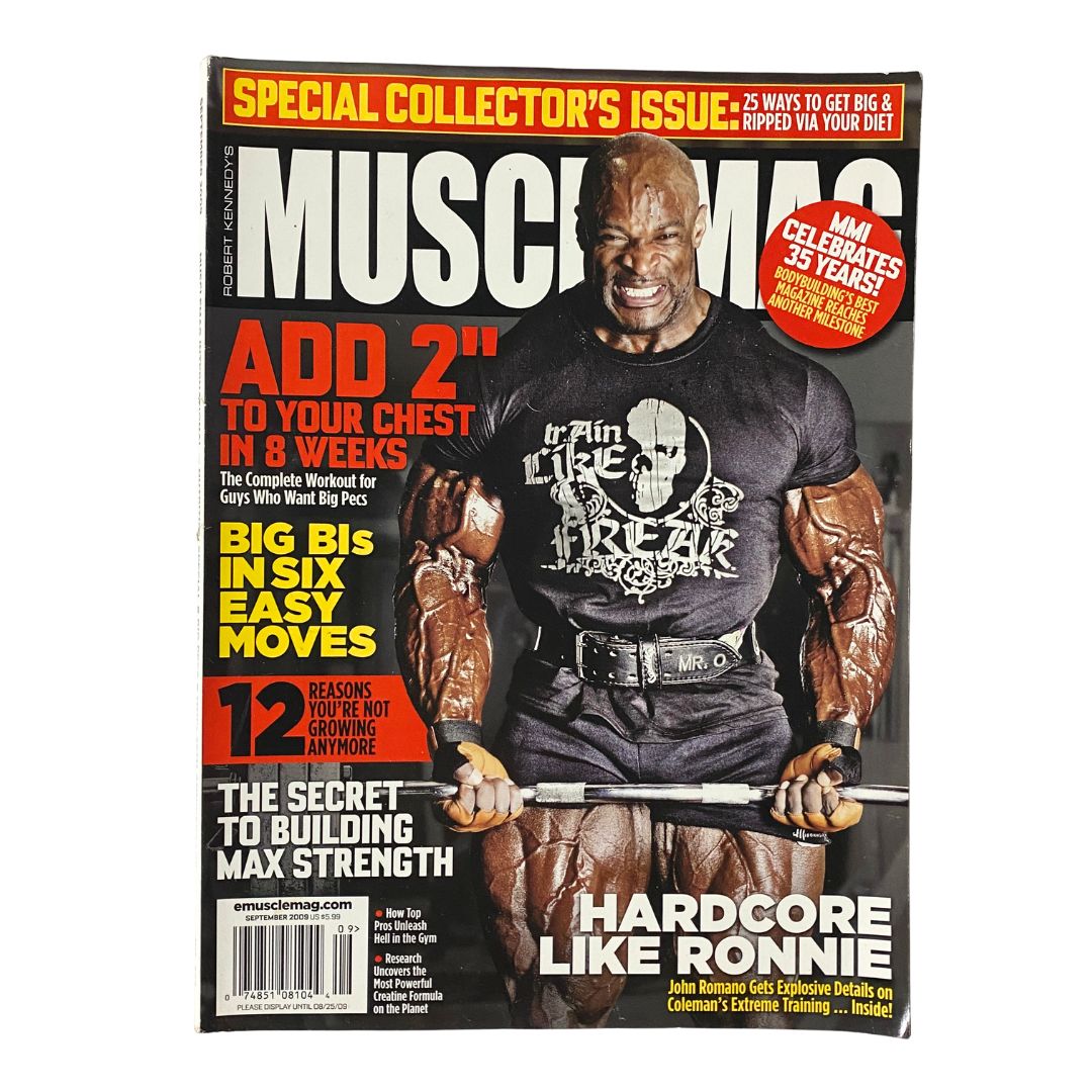 MuscleMag Magazine September 2009 featuring Ronnie Coleman on the cover, highlighting bodybuilding tips and training regimens in a collector's issue.