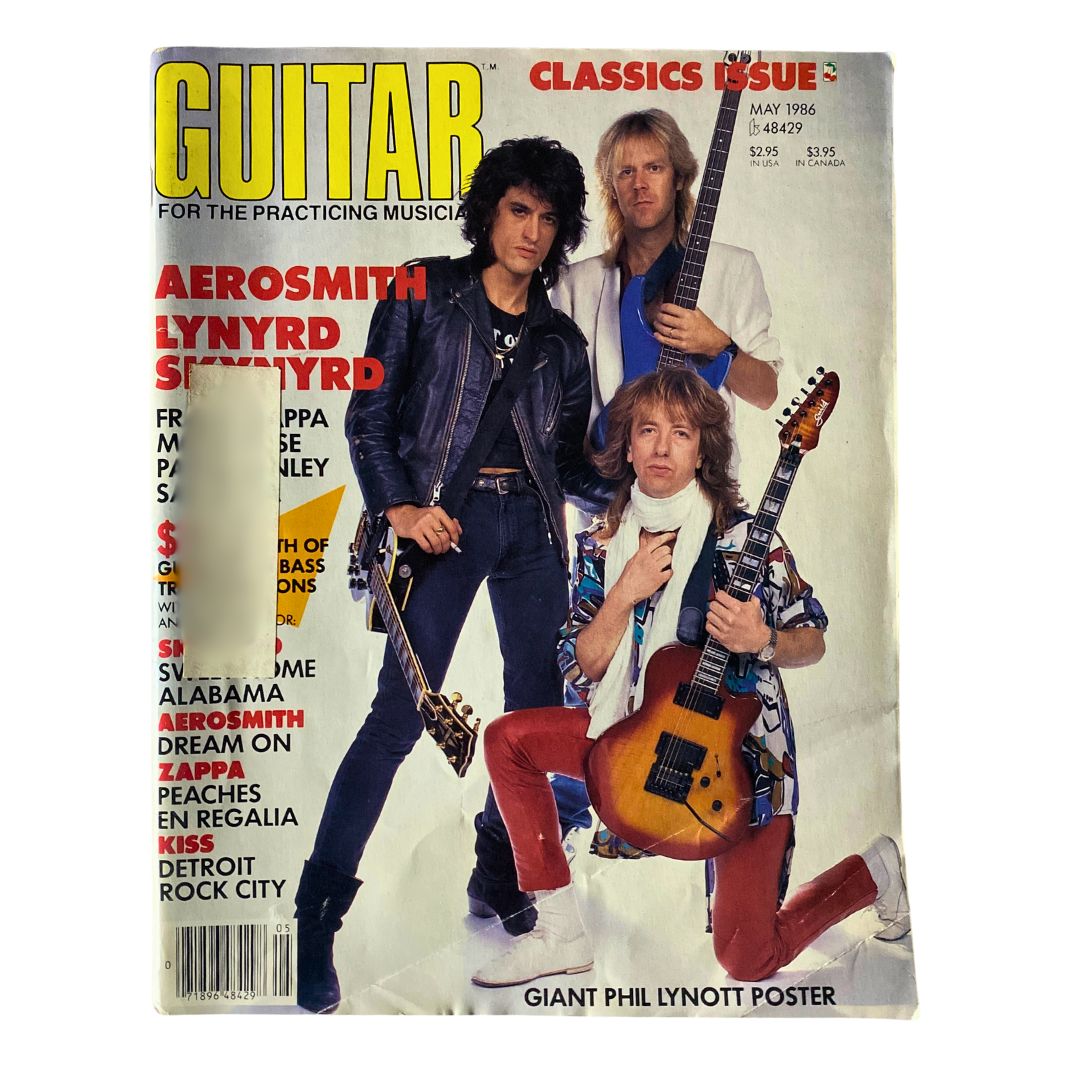 Cover of VTG Guitar Magazine May 1986 featuring Aerosmith and Lynyrd Skynyrd, showcasing iconic rock bands and a collectible poster.