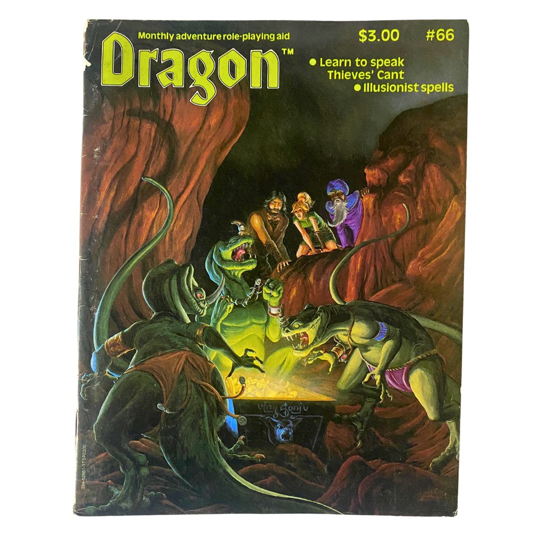 VTG Dragon Magazine October 1982 #66 cover featuring Thieves' Cant Pocket Dictionary, showcasing a vibrant fantasy scene with adventurers and reptilian creatures in a treasure-laden cave.