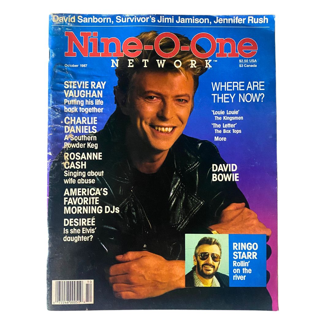 Cover of the VTG Nine-O-One Network Magazine from October 1987 featuring David Bowie smiling, listing other artists like Stevie Ray Vaughan and Charlie Daniels.