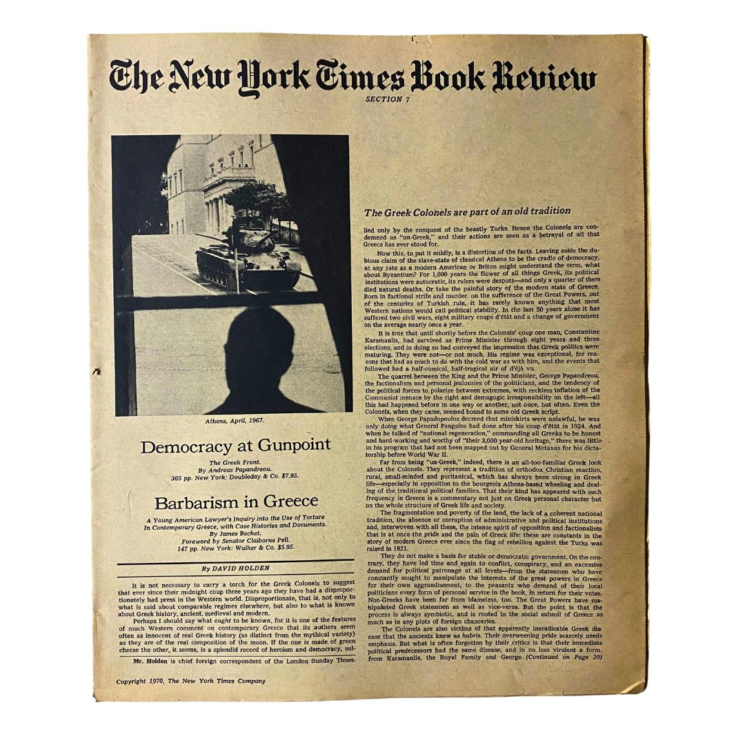 Cover image of The New York Times Book Review from 1970 featuring the headline 'Democracy at Gunpoint', highlighting its historical significance and artistic design.