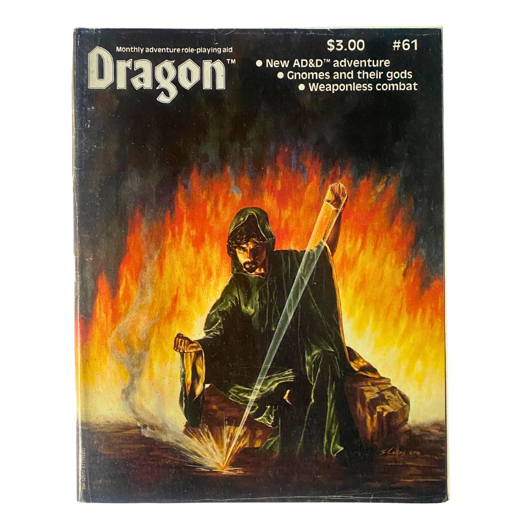 Cover image of VTG Dragon Magazine June 1982 #61 featuring artwork of a hooded figure casting a spell against a fiery background, listed for sale for $3.00. The magazine highlights gnomes and their gods and weaponless combat.