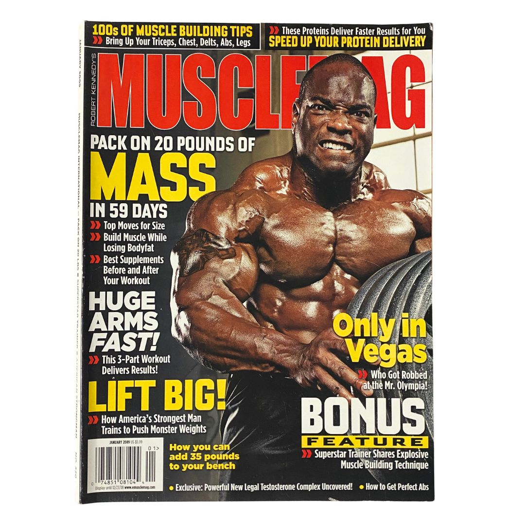 MuscleMag Magazine January 2009 No. 320 featuring Johnnie Jackson on the cover, showcasing fitness and bodybuilding culture with a focus on muscle building tips.