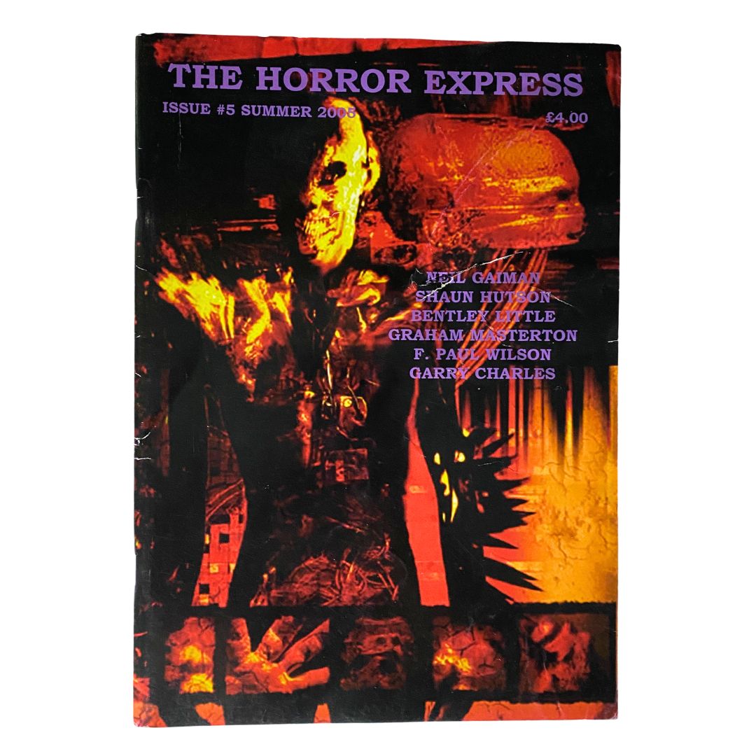 The Horror Express Magazine Summer 2006 Issue #5 featuring contributions from Neil Gaiman and Shaun Huston, showcasing a striking cover design with vibrant colors and horror-themed illustrations.