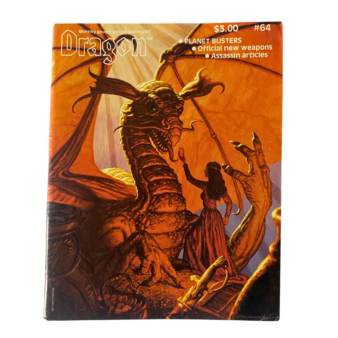 Cover of VTG Dragon Magazine August 1982 #64, featuring the theme 'Planet Busters,' with a dragon and a female character in a fantastical setting.
