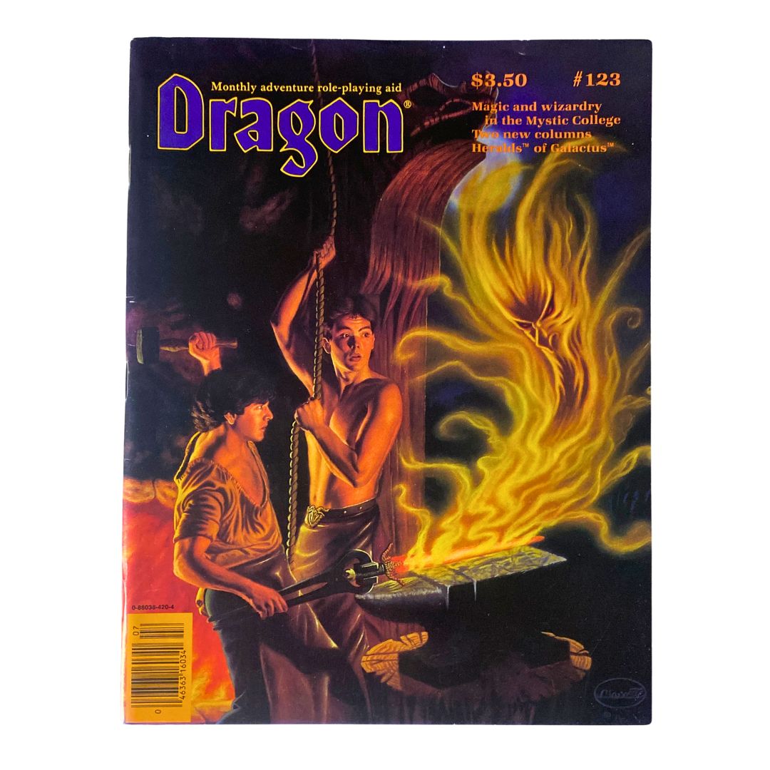 Cover of VTG Dragon Magazine July 1987 Issue #123 featuring dynamic fantasy illustration by Donald Clavette.