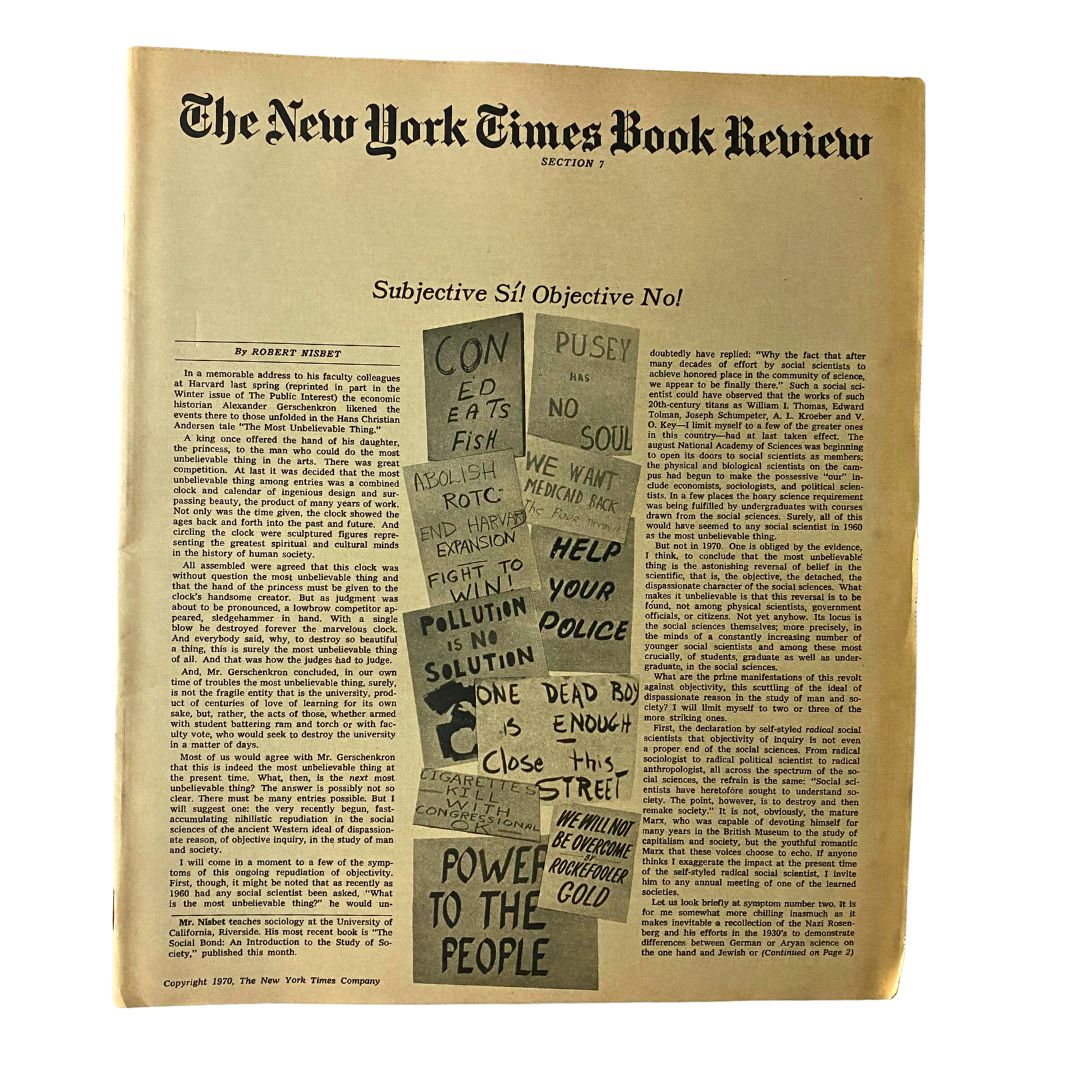 The New York Times Book Review 1970 featuring the headline 'Subjective Si, Objective No' with an impactful visual layout showcasing historical literary critique.