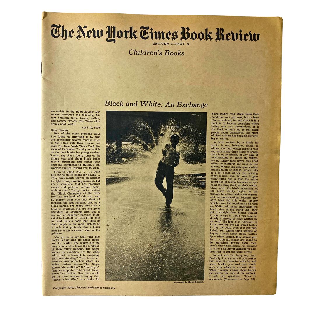 The New York Times Book Review 1970 cover featuring the title 'Black and White: An Exchange,' showcasing a black and white photograph of an individual in motion amid water splashes, highlighting literary discourse from that era.