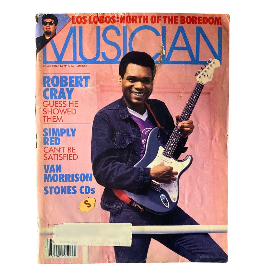 Cover of VTG Musician Magazine April 1987 No. 102 featuring Robert Cray, Simply Red, and Van Morrison with guitar, showcasing iconic musicians of the '80s.
