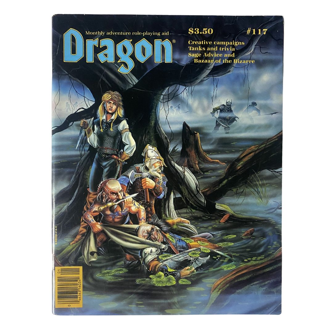 Cover of VTG Dragon Magazine January 1987 No. 117 featuring captivating fantasy art by Jim Holloway, showcasing a group of adventurers in a mystical swamp. This collectible magazine is essential for fans of Dungeons & Dragons and vintage gaming history.