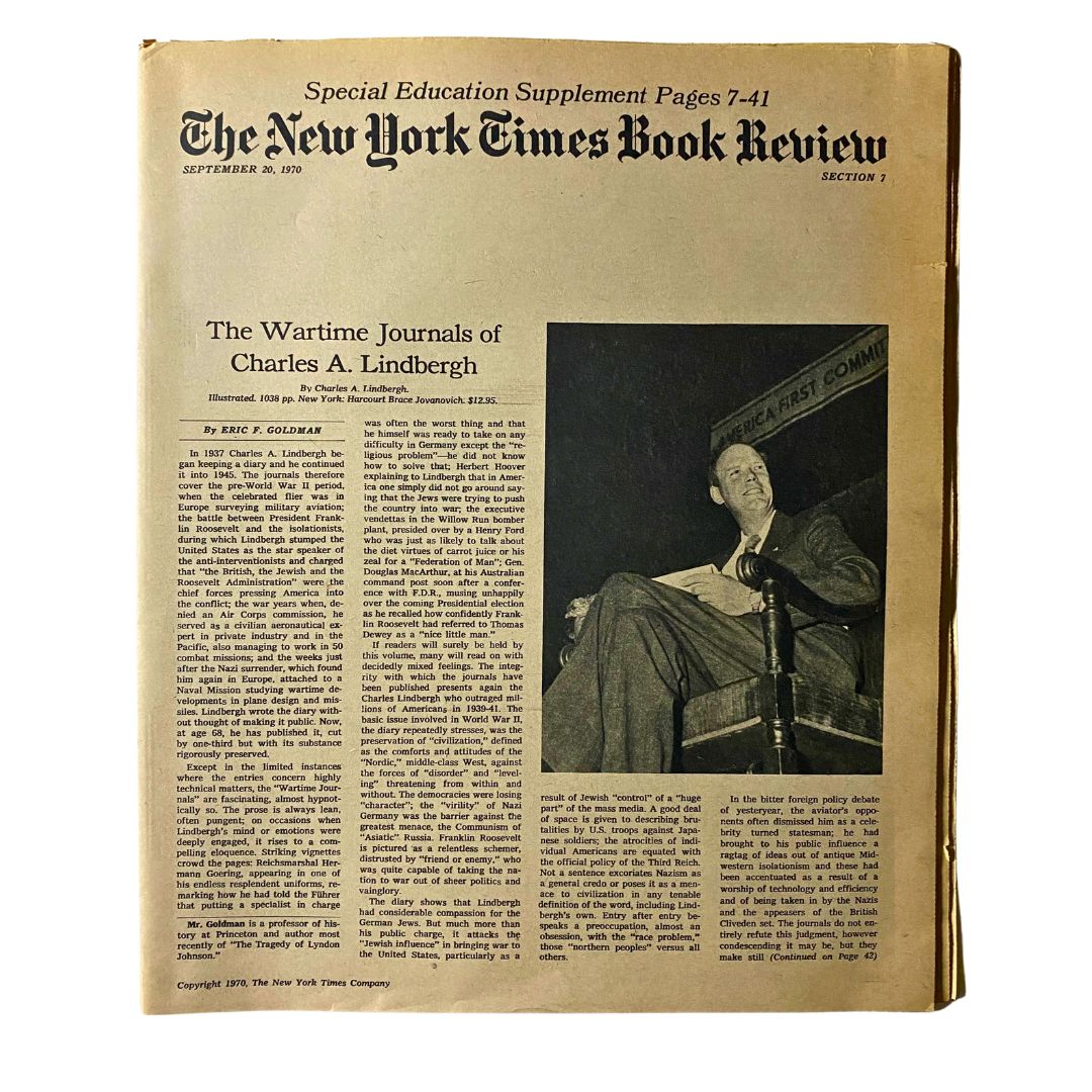 The New York Times Book Review - September 20, 1970, featuring an article on The Wartime Journals of Charles A. Lindbergh, with a photograph of Lindbergh seated, showcasing vintage publication details.
