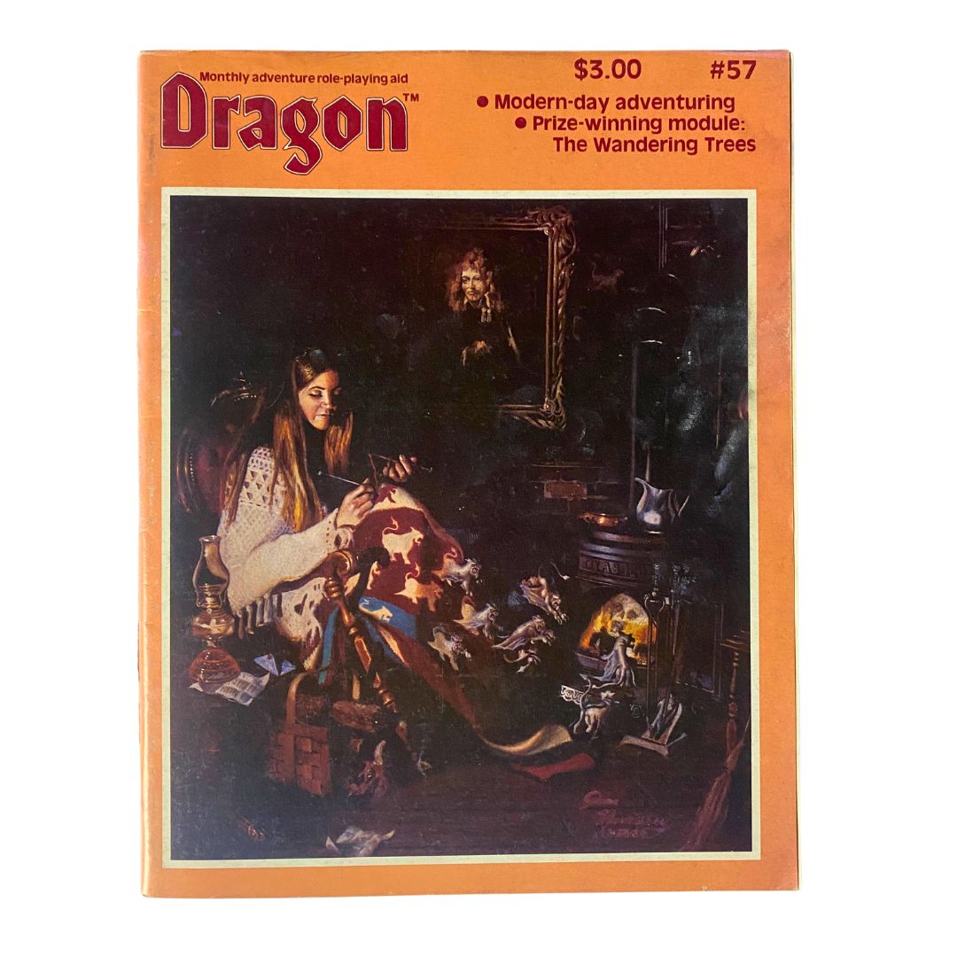 Cover of Dragon Magazine January 1982, Issue #57 featuring the captivating cover story 'The Wandering Trees', showcasing a woman engaged in gaming at a cozy setting.