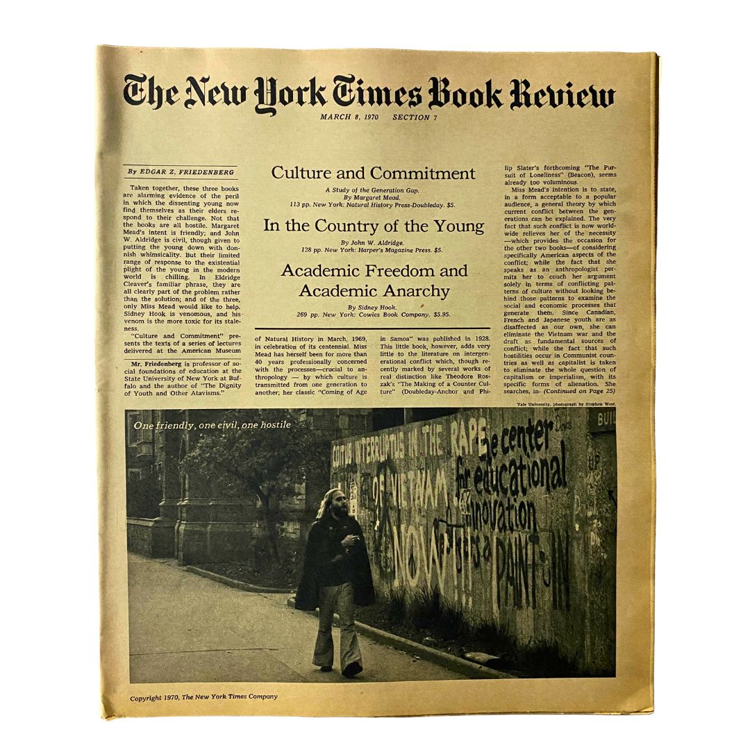 The New York Times Book Review March 8 1970 featuring articles on Culture and Commitment, Academic Freedom, and Academic Anarchy, showcasing a vintage aesthetic and detailed content relevant to the cultural landscape of the early 1970s.