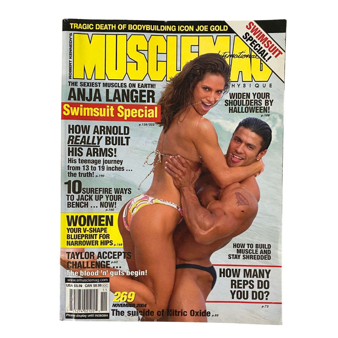 Cover of MuscleMag International Magazine November 2004 featuring Anja Langer and a bodybuilder. Highlights include a Swimsuit Special and fitness tips, emphasizing bodybuilding and healthy living.