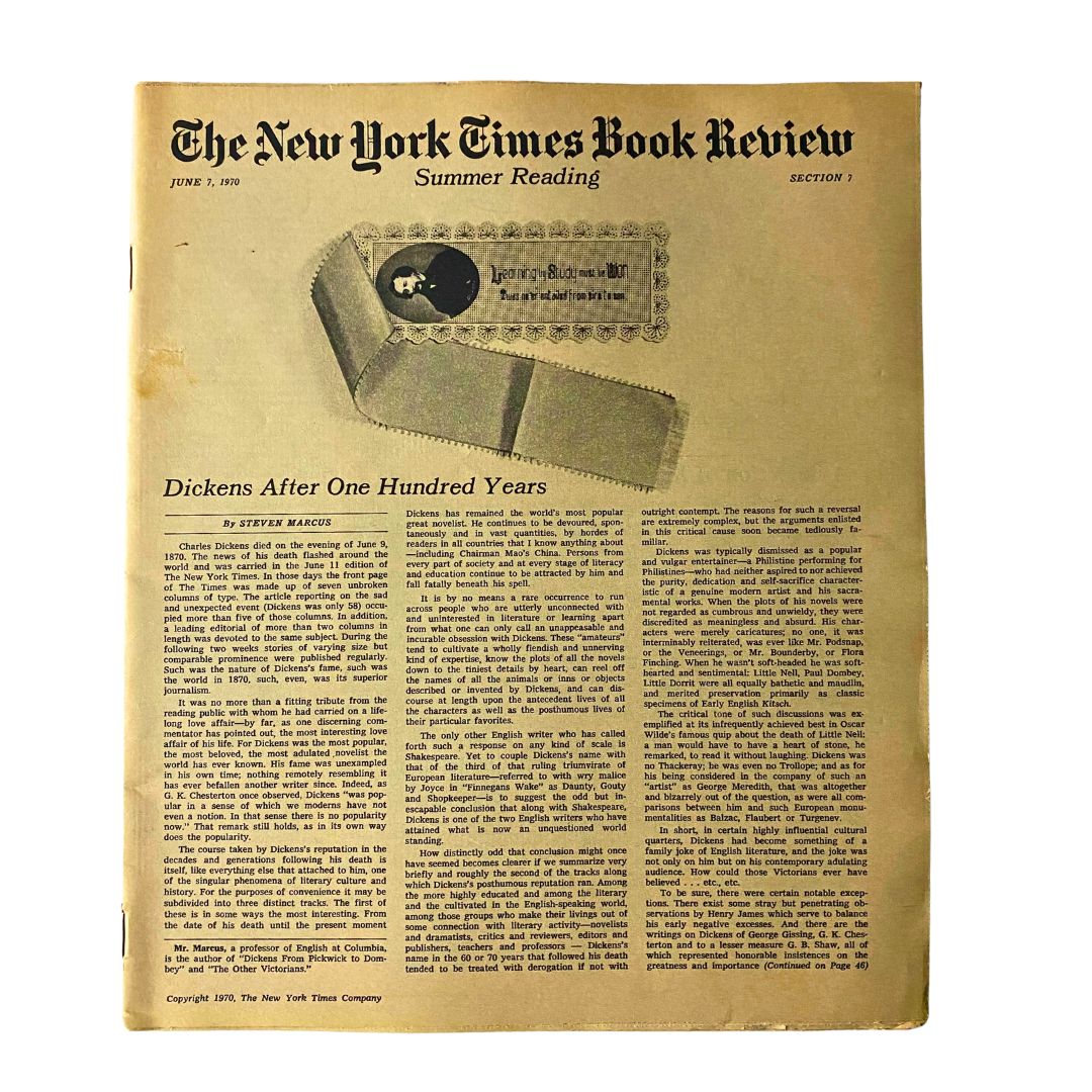 The New York Times Book Review June 7, 1970 showcasing an article titled 'Dickens After One Hundred Years'. This vintage publication features a nostalgic look at Charles Dickens' legacy on the centennial of his death, highlighting its significance in classic literature.