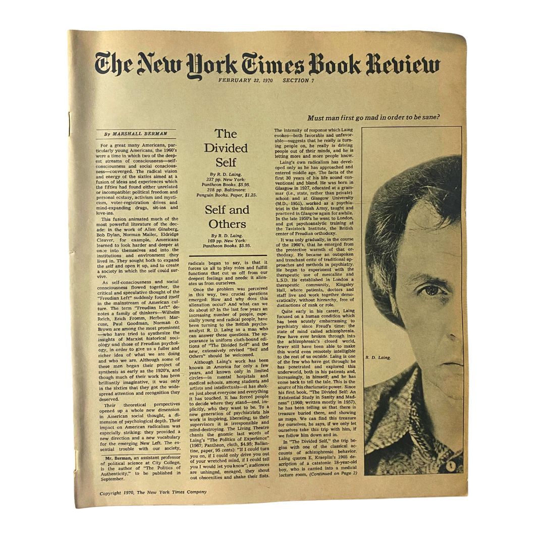 February 22, 1970 edition of The New York Times Book Review featuring article 'The Divided Self' by Marshall E. W. Berkman with insights from psychiatrist R. D. Laing.