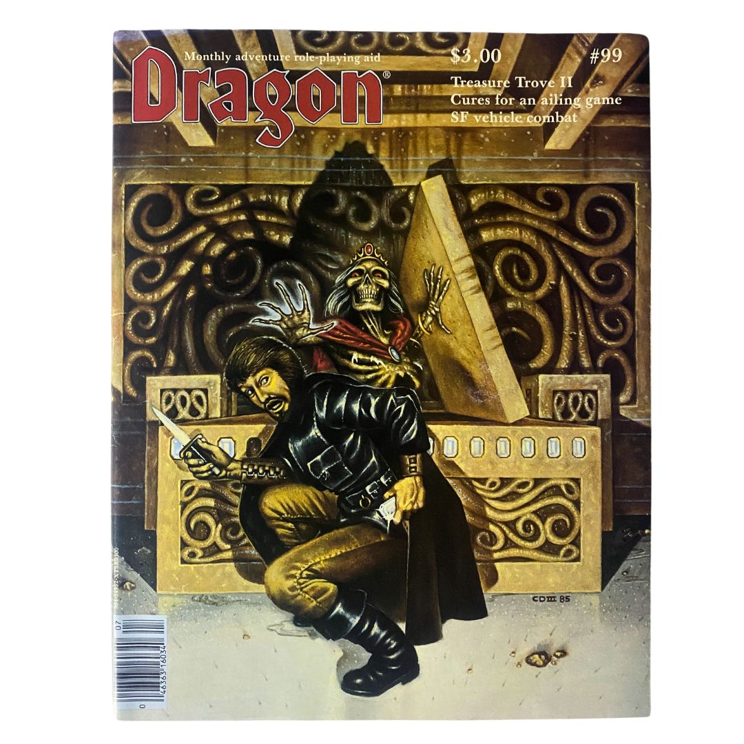 Cover of VTG Dragon Magazine July 1985, Issue #99 featuring dramatic fantasy artwork by Clyde Duensing III, showcasing a kneeling warrior with a knife and a skeletal figure in an ancient setting.