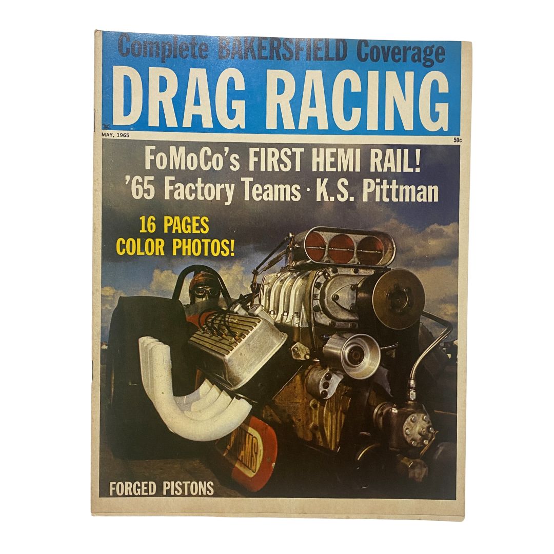 Cover of VTG Drag Racing Magazine May 1965 featuring complete Bakersfield coverage, showcasing drag racing themes with vibrant graphics and a vintage aesthetic.