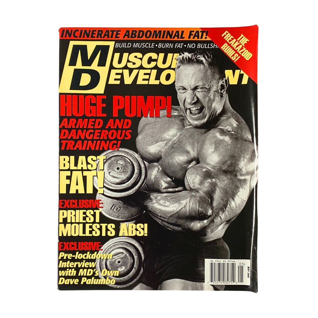 Cover of Muscular Development Magazine May 2005 featuring Markus Rühl, showcasing bodybuilding themes and fitness culture.