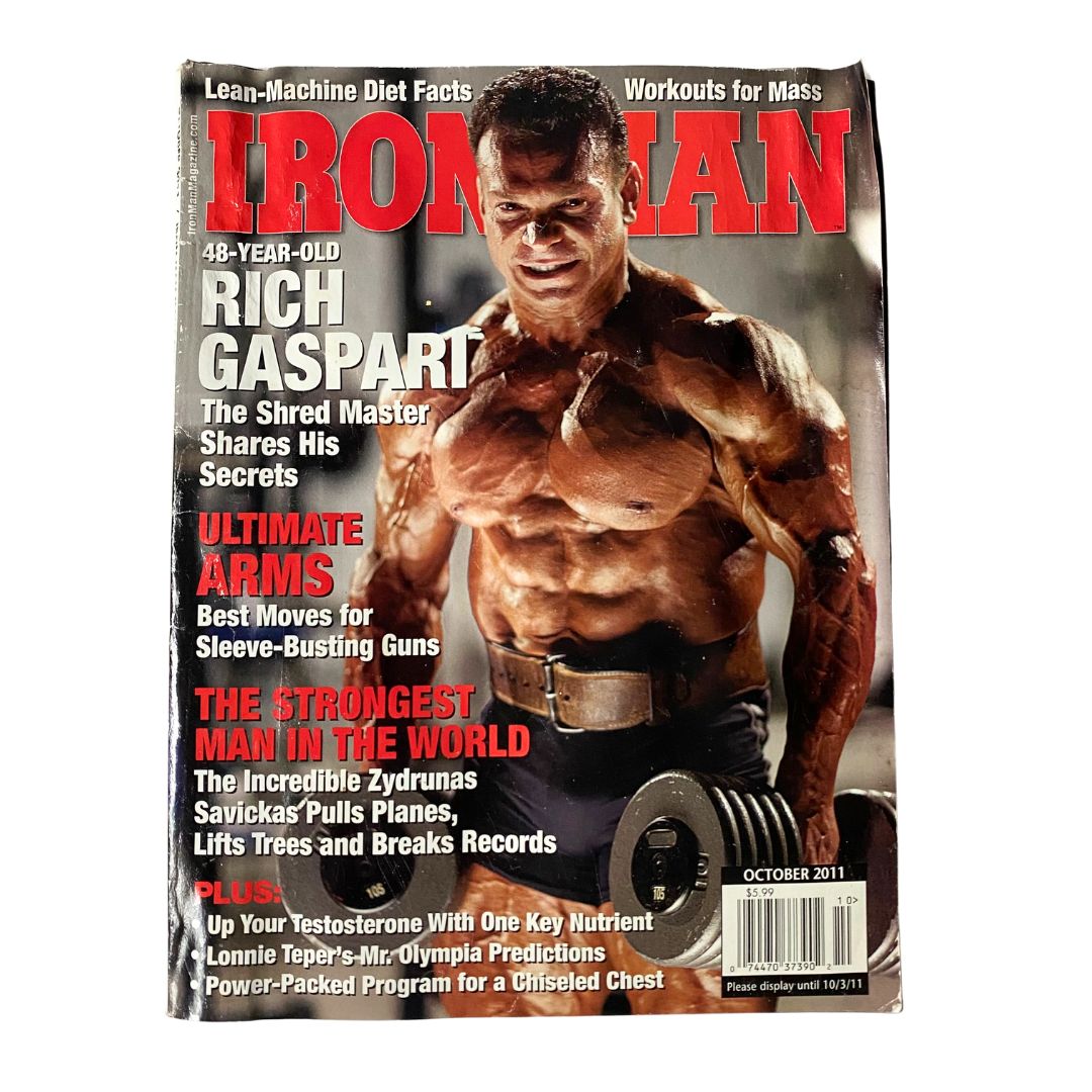 Iron Man Magazine October 2011 featuring Rich Gaspart as The Shred Master, showcasing fitness and bodybuilding advice.