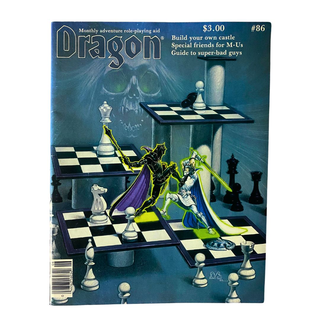VTG Dragon Magazine June 1984 #86 cover featuring a fantasy chess scene with characters in combat, showcasing the theme of building your own castle.
