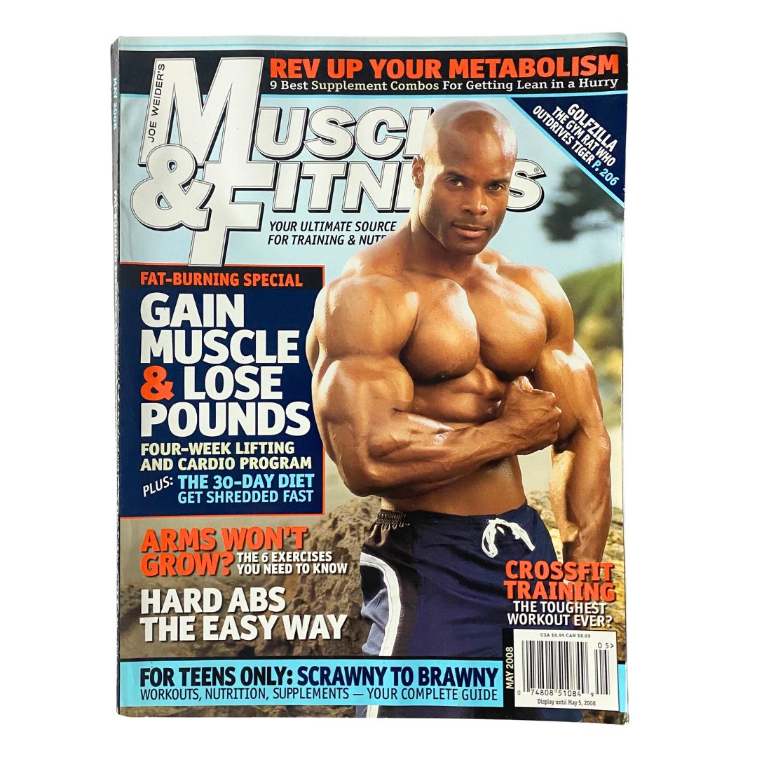 Muscle & Fitness Magazine cover from May 2008 featuring Morris Mendez, showcasing fitness tips and strategies for gaining muscle and losing weight, emphasizing fat-burning and strength training.