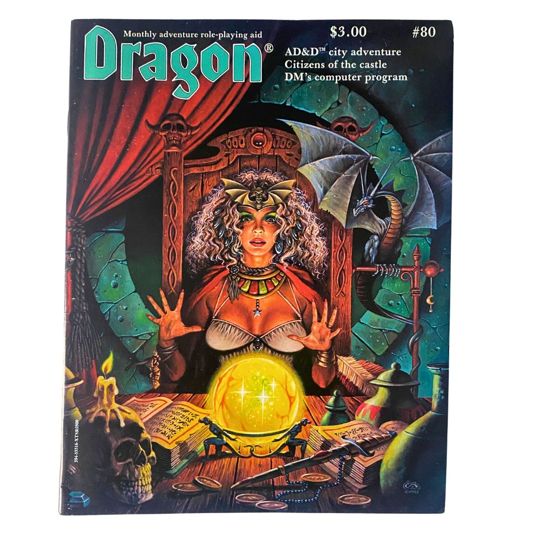Cover of Dragon Magazine December 1983, Issue #80 featuring artwork of a mystical woman with a crystal ball, surrounded by magical elements and folklore artifacts. This vintage issue highlights the article 'Barnacus: City in Peril' and is a collector's item for tabletop gaming enthusiasts.