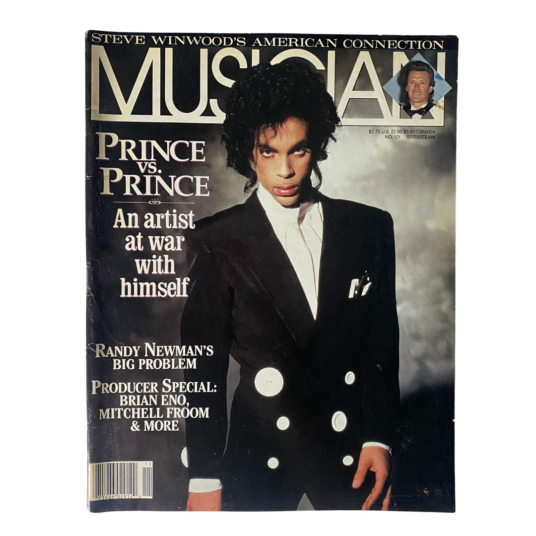 Vintage Musician Magazine November 1988 featuring Prince on the cover, with the headline 'Prince vs. Prince - An artist at war with himself'. The magazine also mentions Randy Newman and includes details about music producers.