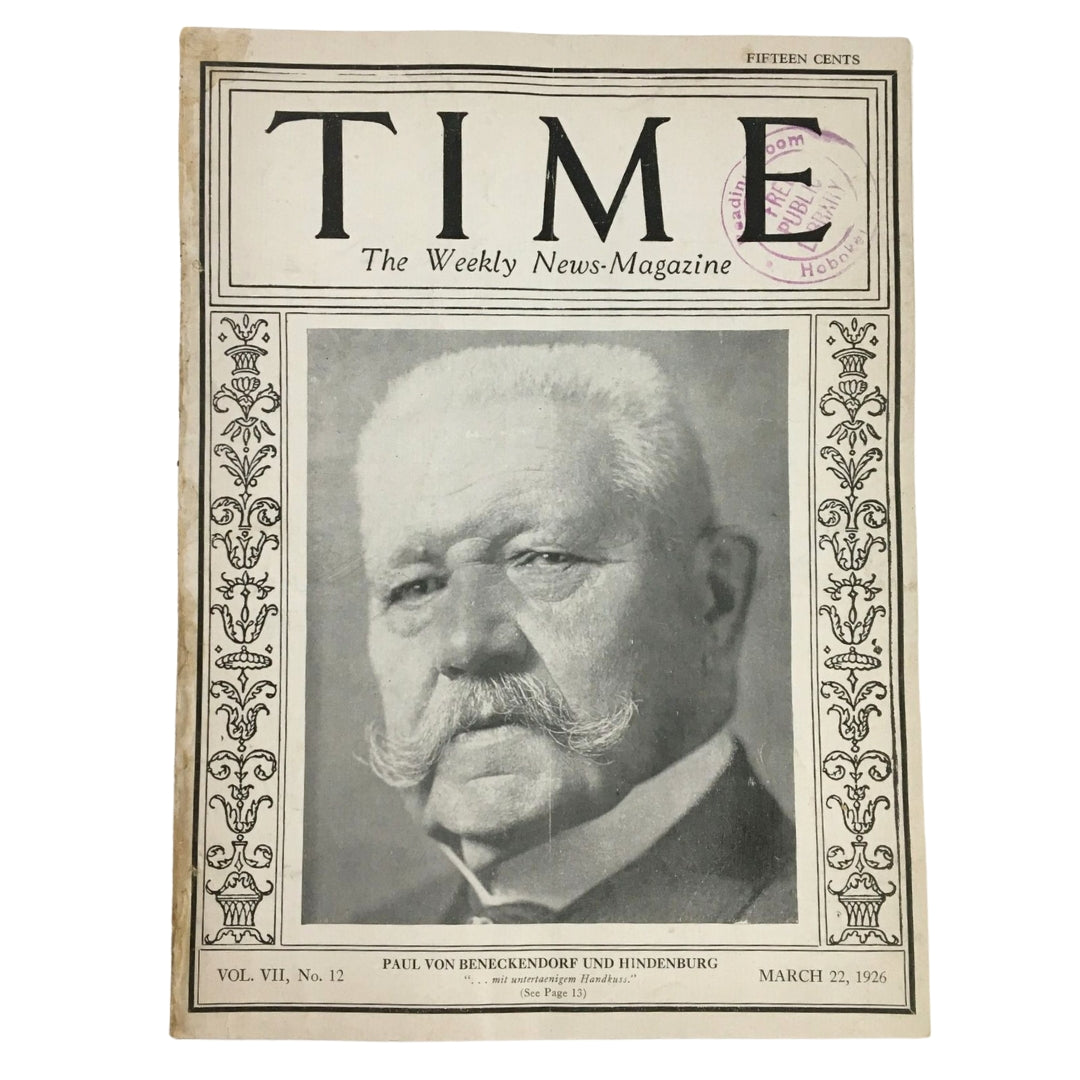 Time Magazine March 22 1926 Vol. VII No. 12 Paul Von Beneckendorf Un Hindenburg