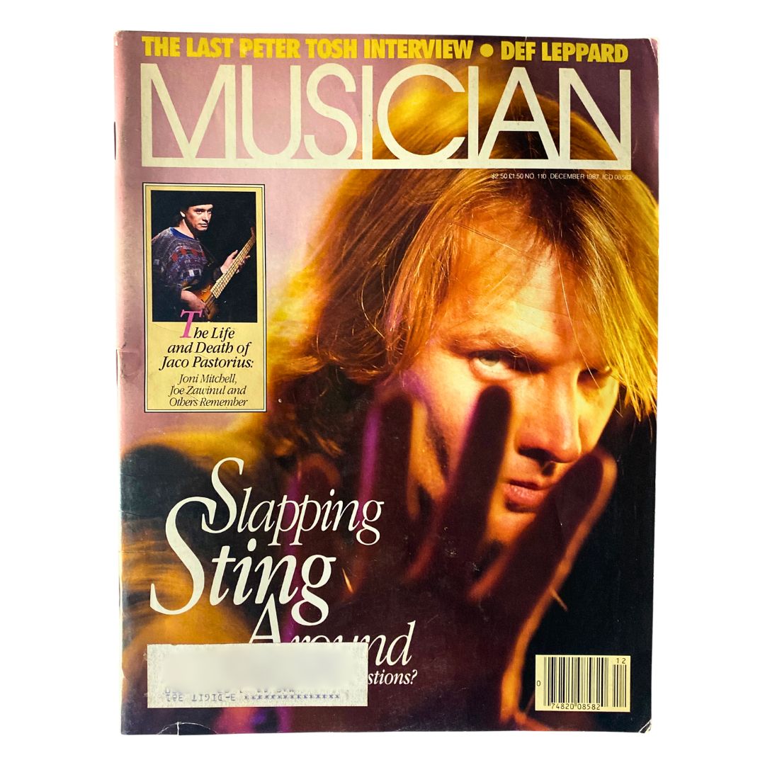 Cover of VTG Musician Magazine December 1987 No. 110 featuring the title 'Slapping Sting Around', showcasing an iconic image related to music. The cover highlights an article about Sting and includes references to interviews and music history from the late 1980s, making it a collectible item for music enthusiasts.