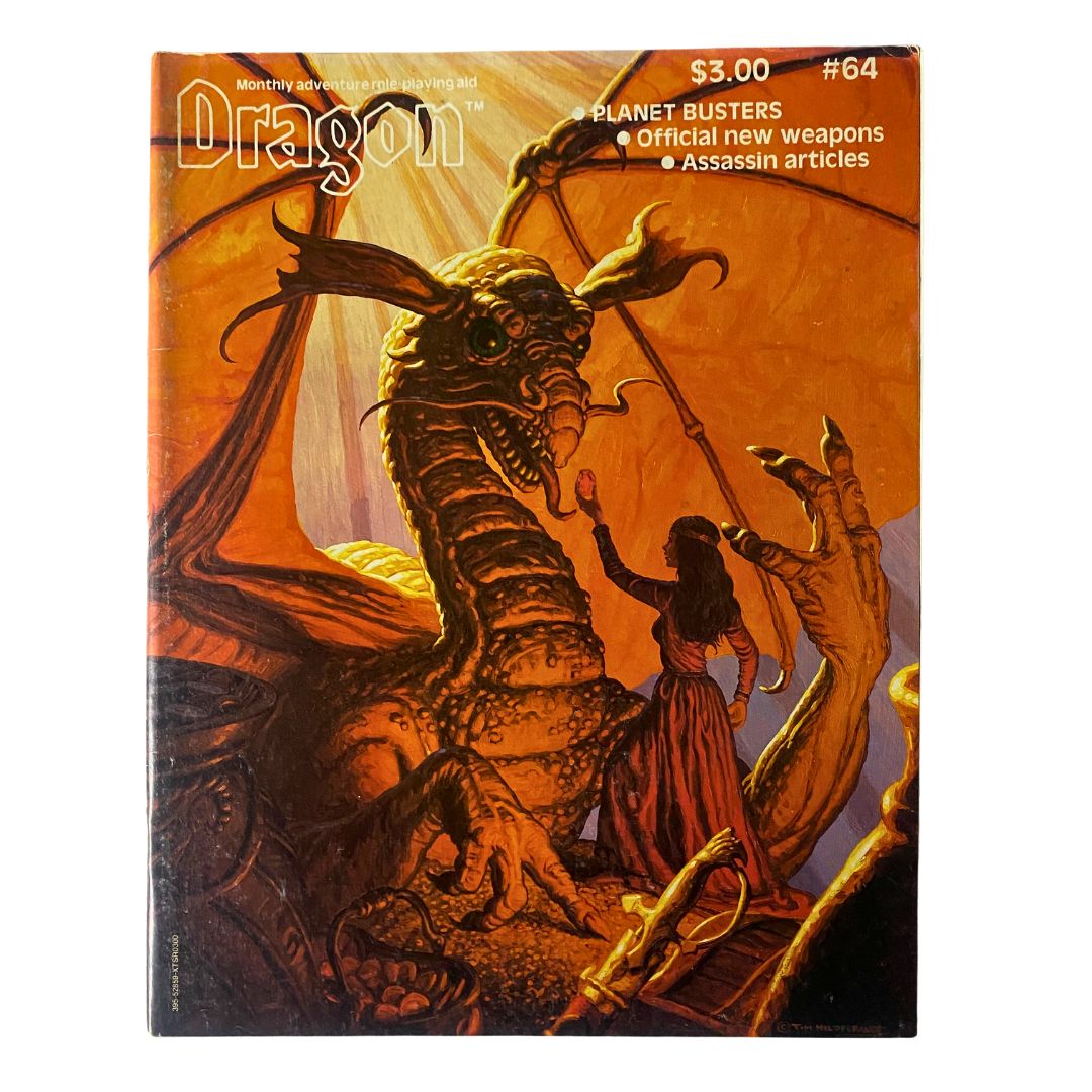 Cover of VTG Dragon Magazine August 1982 #64 featuring a dragon and a woman, showcasing official new weapons and gaming content. Vintage collectible magazine in great condition, perfect for gamers and collectors.
