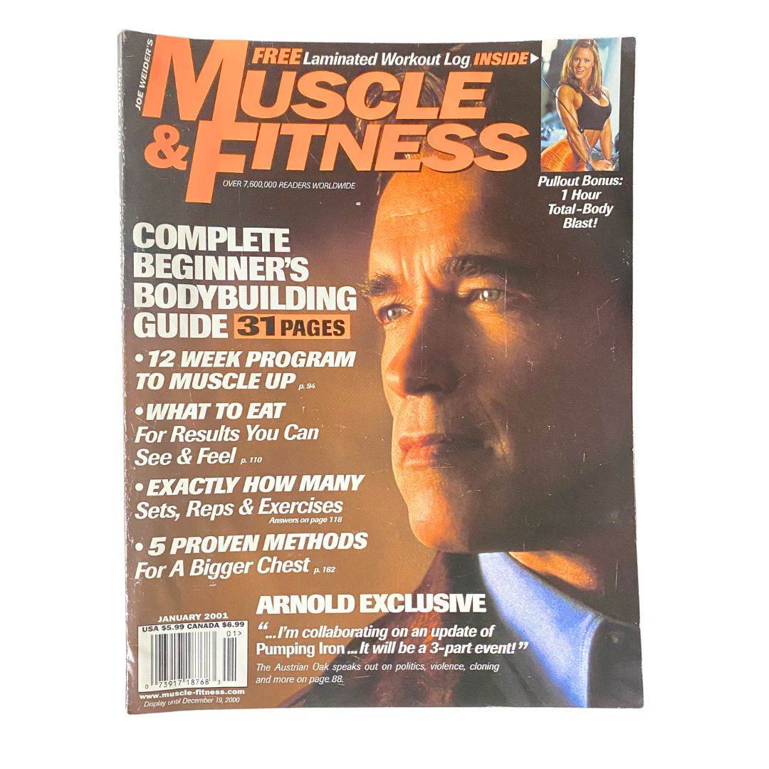 Muscle & Fitness Magazine January 2001 featuring Arnold Schwarzenegger on the cover, showcasing valuable fitness articles and bodybuilding tips from the early 2000s.