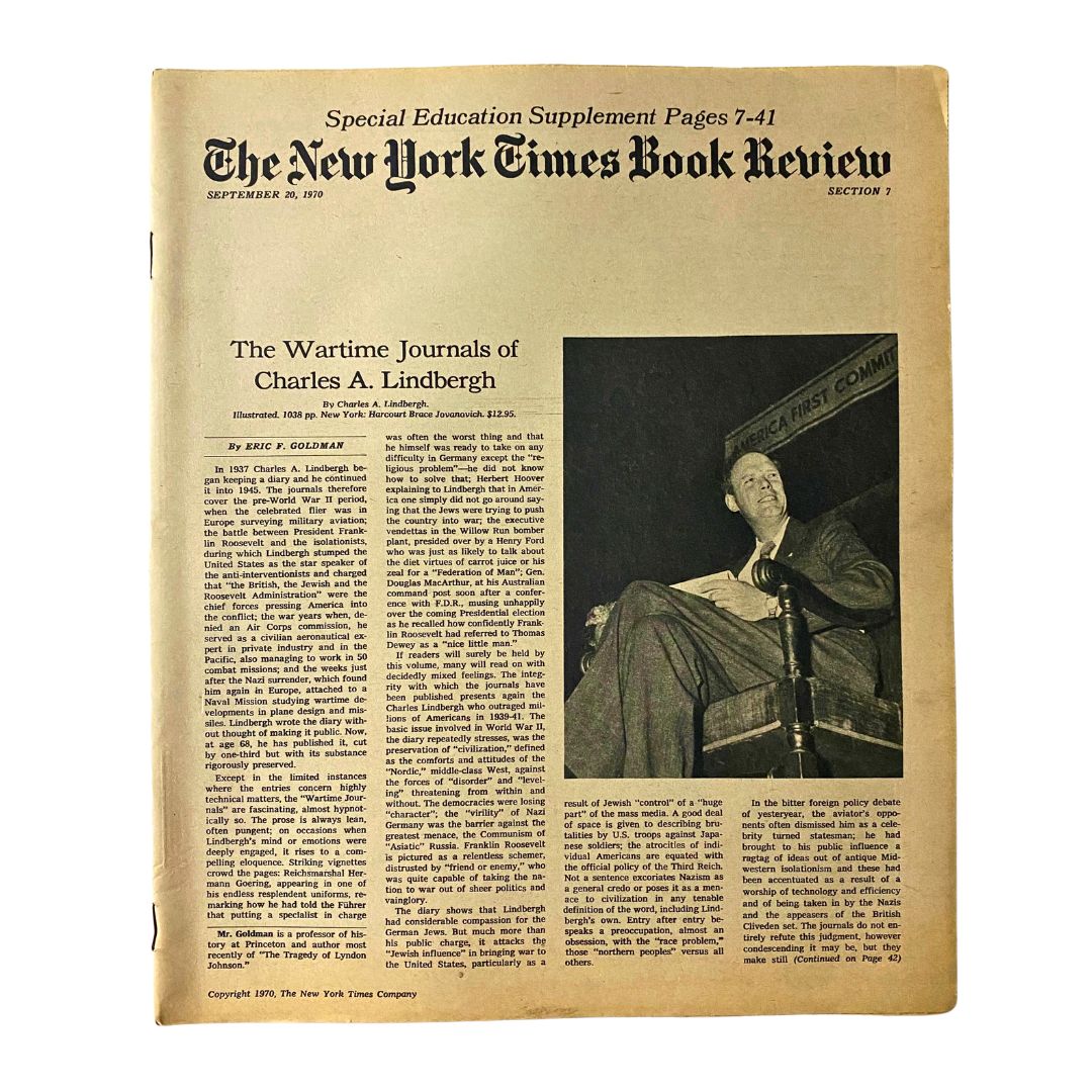 The New York Times Book Review September 20 1970 featuring an article titled 'The Wartime Journals of Charles A. Lindbergh' with an image and text discussing Lindbergh's impact on American history.
