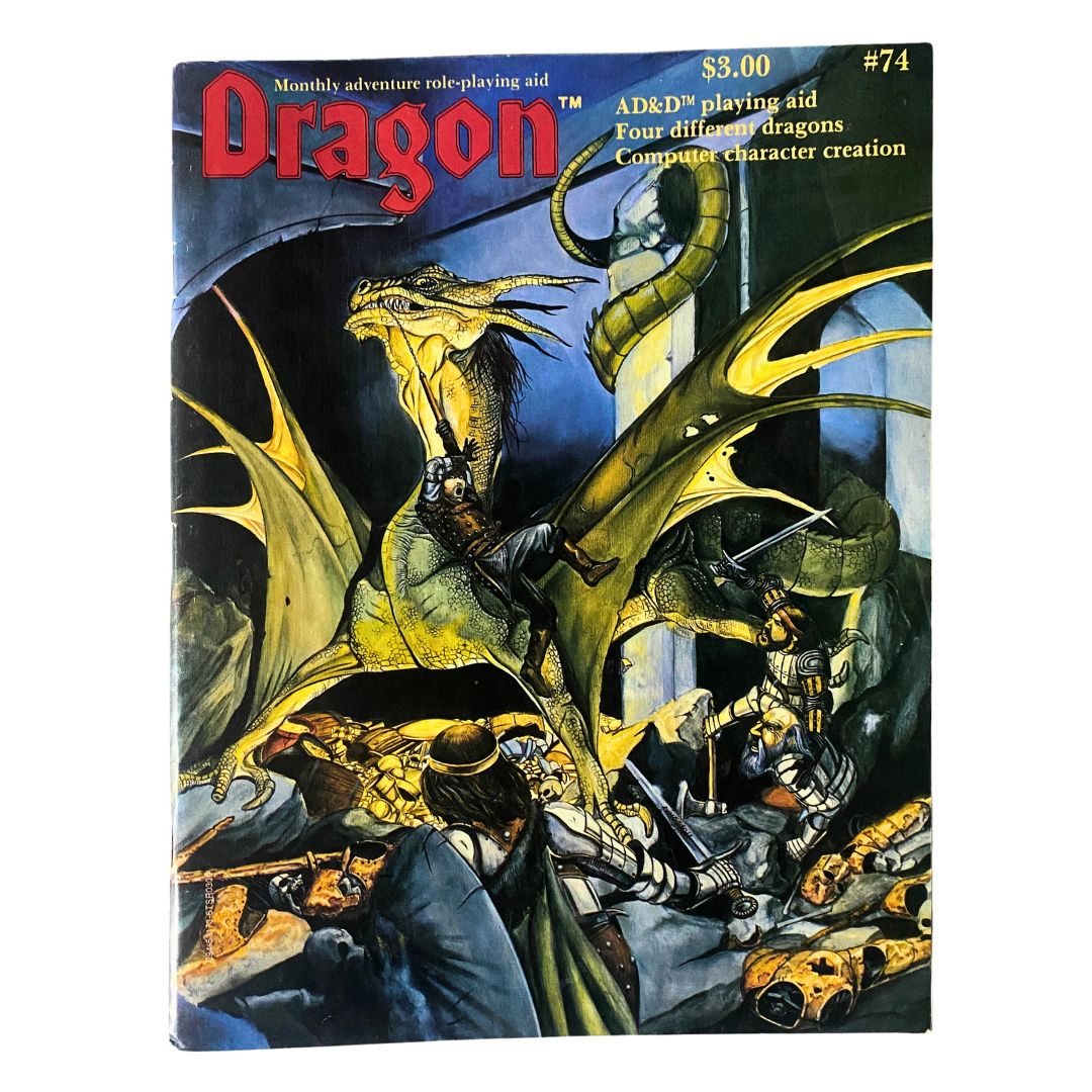 Cover of Dragon Magazine, June 1983, Issue #74 featuring a dramatic fantasy illustration of a dragon and adventurers, highlighting its role as an AD&D playing aid.