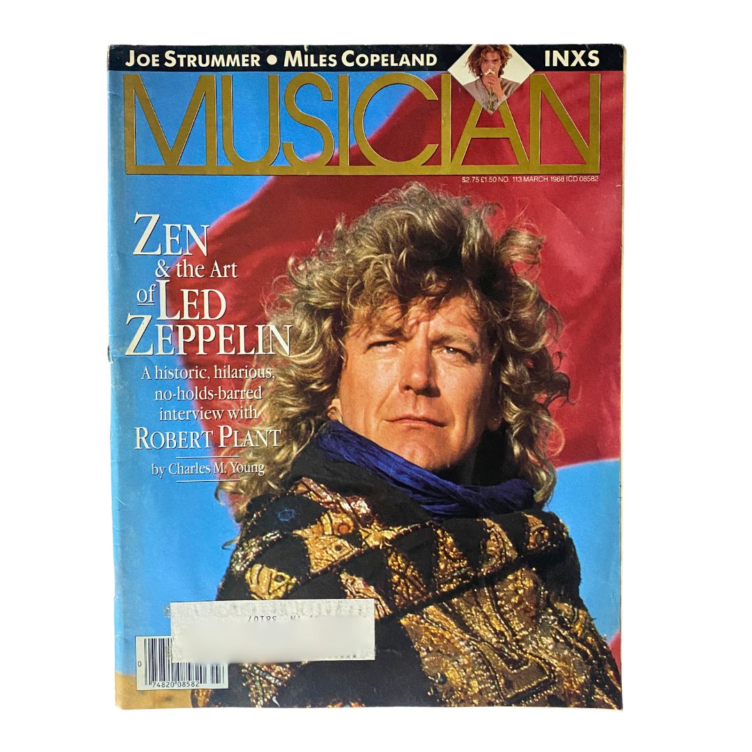 Cover of the March 1988 Musician Magazine, issue No. 113, featuring the title 'Zen and the Art of Led Zeppelin' and showcasing a historic interview with Robert Plant, surrounded by vibrant colors and eclectic design.