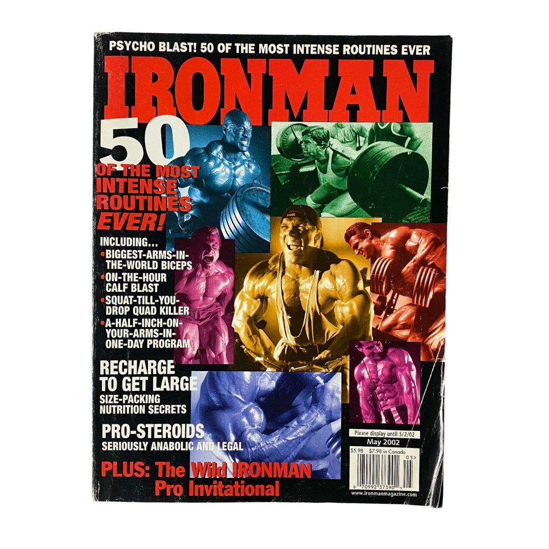 Iron Man Magazine May 2002 cover featuring vibrant montage of bodybuilding routines. Includes title text: '50 of the Most Intense Routines Ever!' and highlights the Wild Iron Man Pro Invitational.