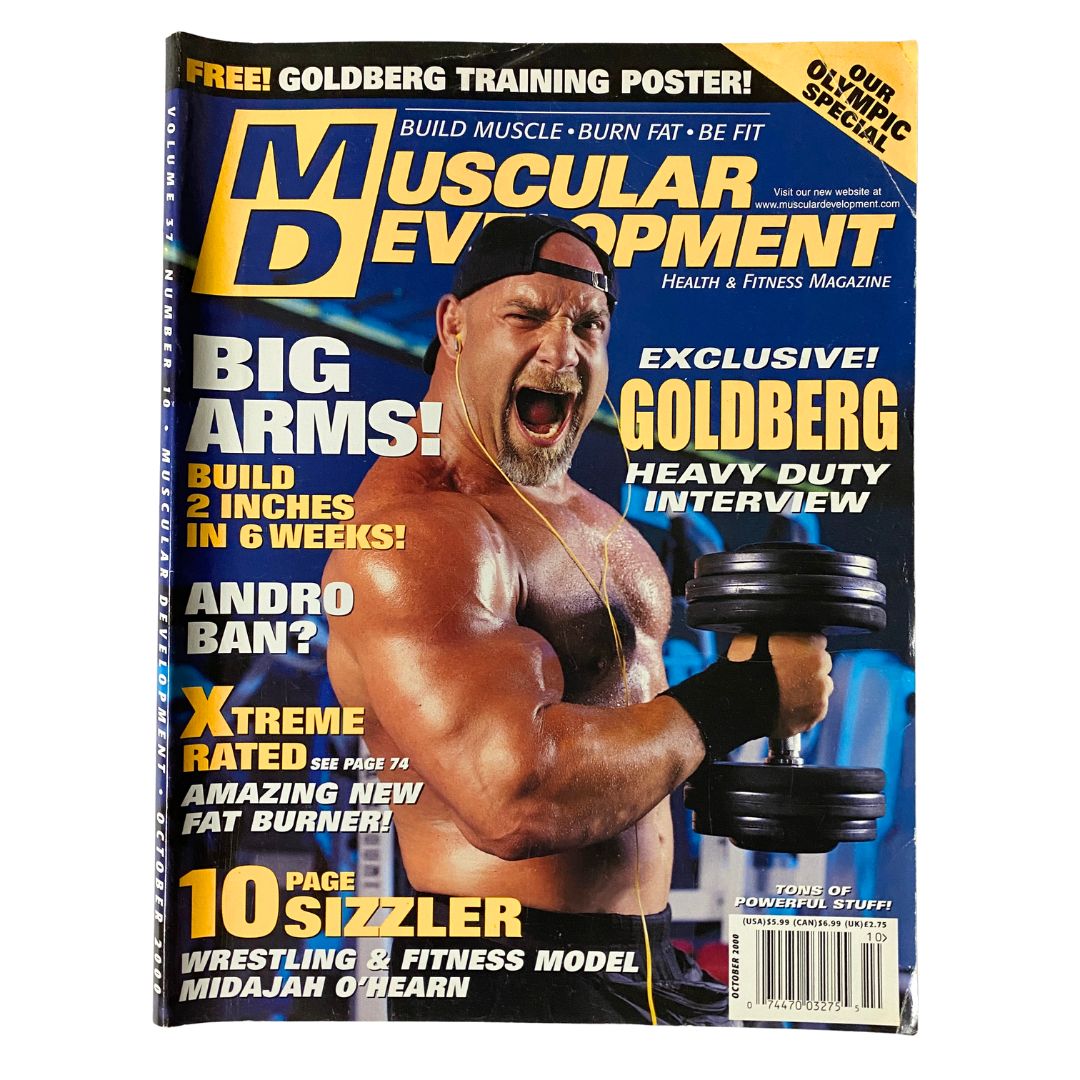 Muscular Development Magazine October 2000 featuring Bill Goldberg on the cover, promoting muscle building and fitness with an eye-catching pose and weights.