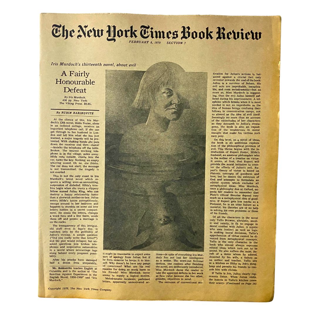 The New York Times Book Review February 8 1970 featuring an article on Iris Murdoch's novel 'A Fairly Honourable Defeat', highlighting literary critique of the era.