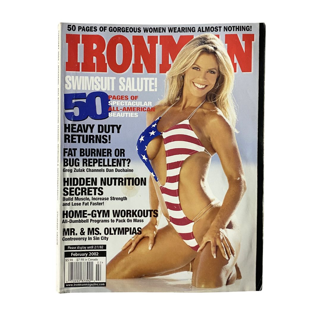 Iron Man Magazine, February 2002 featuring a striking cover with a model in a patriotic swimsuit, showcasing 50 pages of spectacular female beauty. Ideal for collectors and fans of vintage magazines.