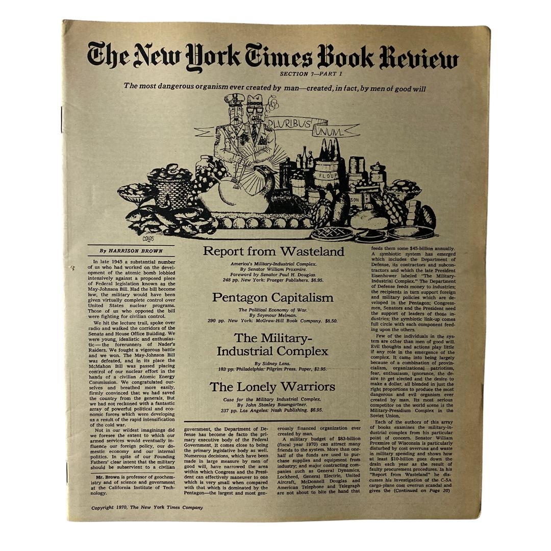 The New York Times Book Review 1970 Report from Wasteland, featuring articles on military and economic topics, showcasing vintage literary design.