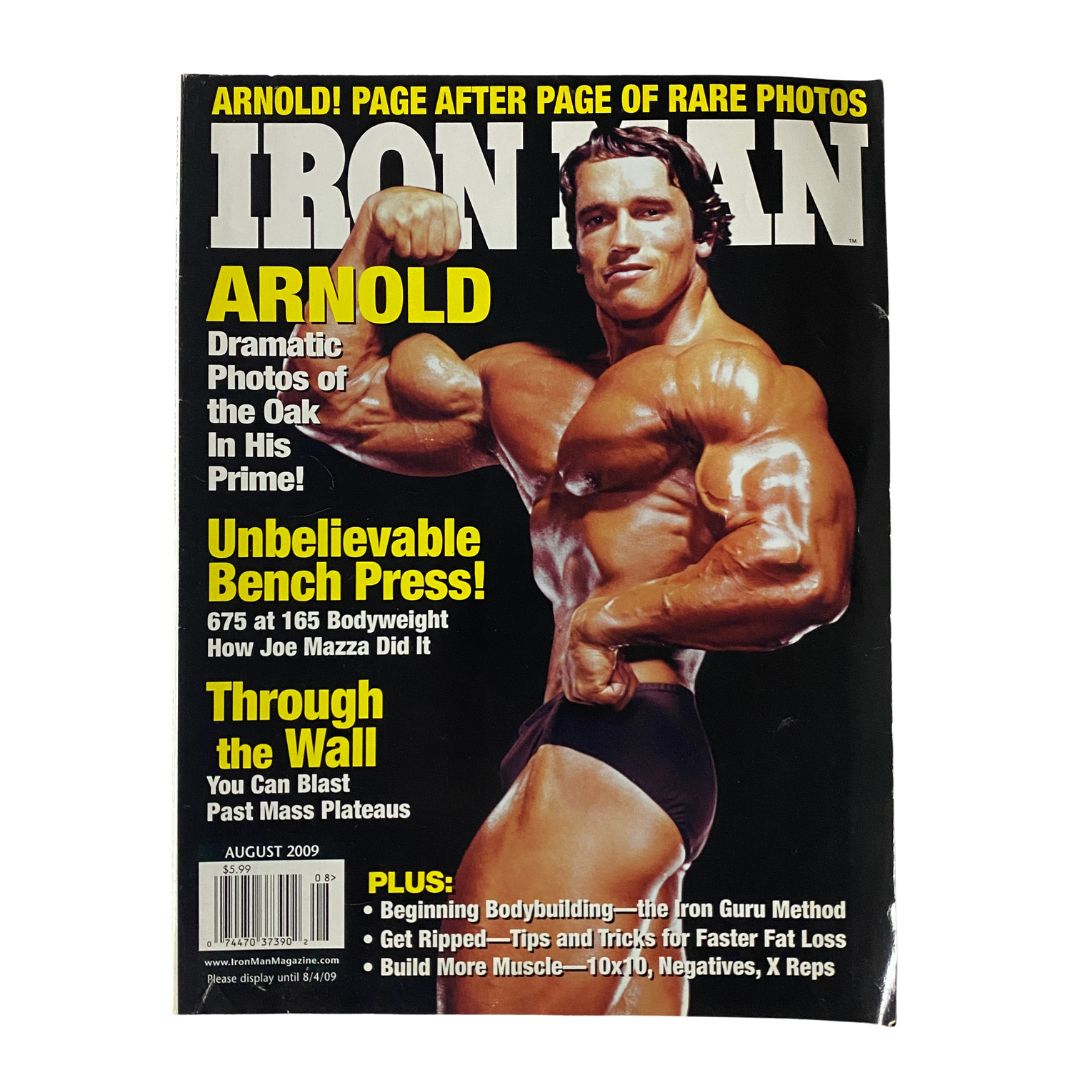 Iron Man Magazine August 2009 Vol 68 No. 8 featuring Arnold Schwarzenegger on the cover, showcasing a bodybuilding theme with highlights on fitness and health.
