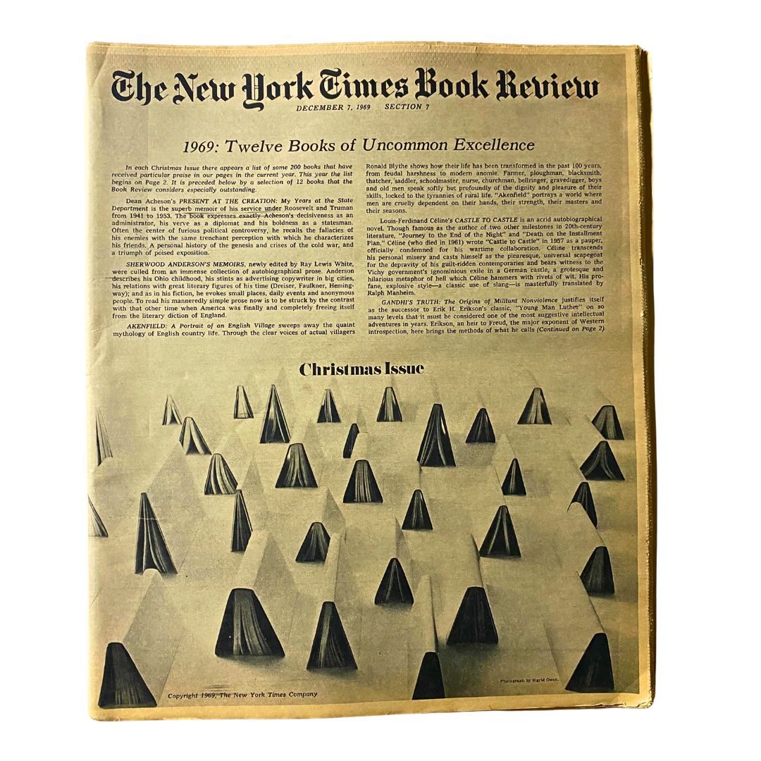Cover of The New York Times Book Review December 7 1969 Christmas Issue, featuring a unique design with triangular shapes, highlighting notable literary works from the late 1960s, reflecting the festive spirit of the season.