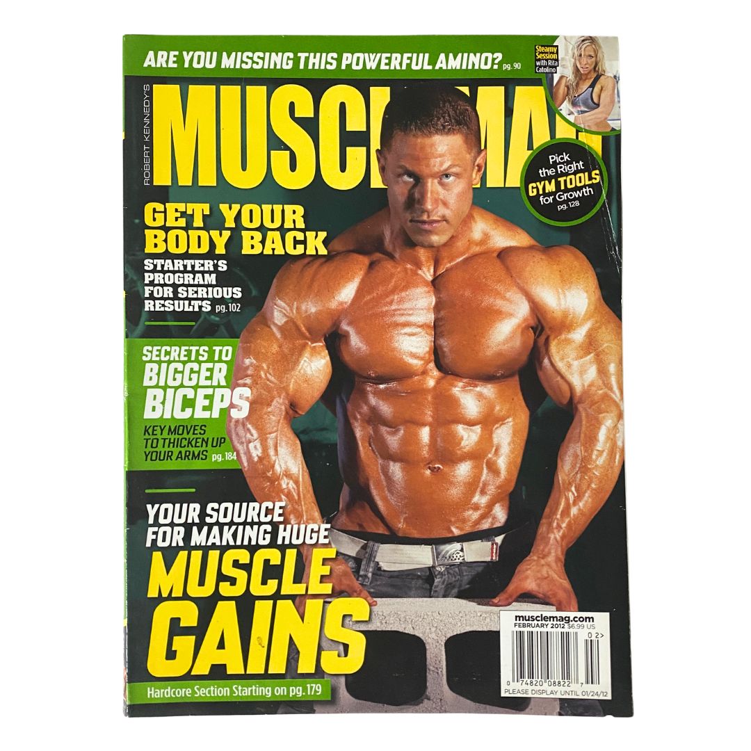 MuscleMag Magazine February 2012 cover featuring bodybuilder Joel Thomas, showcasing fitness and bodybuilding culture, issue No. 357.
