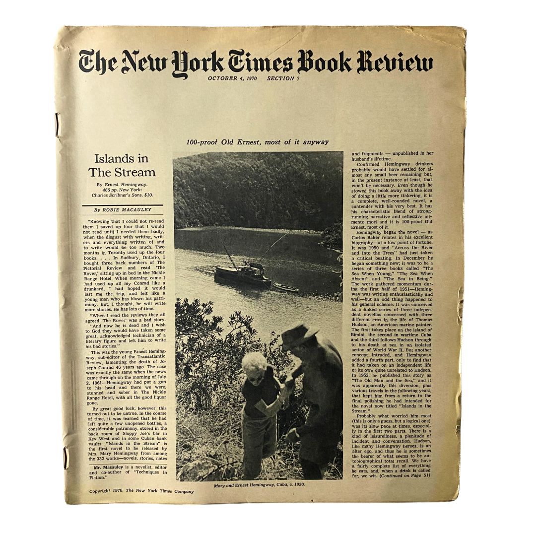 The New York Times Book Review October 4 1970 featuring an article on Islands in The Stream by Ernest Hemingway, showcasing a vintage layout and black-and-white photographs.